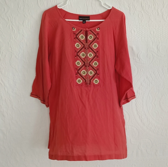 Dana Buchman Red Embroidered Long Tunic Shirt Boho Hippie Coral Cream Light XL - Picture 12 of 12
